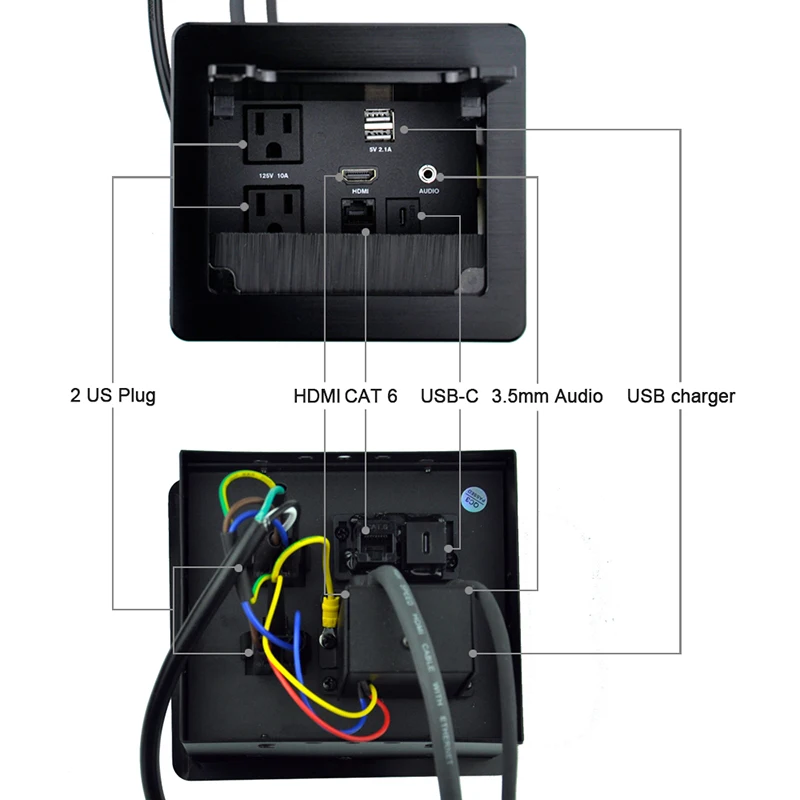 Stalo Teptuku Apversti kištukinis Lizdas su 2AC Galia +2USB Įkroviklis +HDMI +1 3.5 mm Audio +USB-C Duomenų +RJ45(cat6) Konferencijų Salė (Juoda) Nuotrauka 1