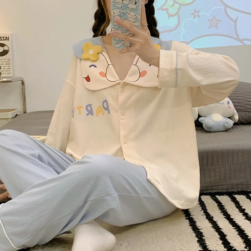 Kawaii Sanrio Cinnamoroll Kuromi Mielas Animacinių filmų Moterų Pajama Komplektai Pavasarį, Rudenį Grynos Medvilnės ilgomis Rankovėmis Sleepwears Homewear Nuotrauka 2