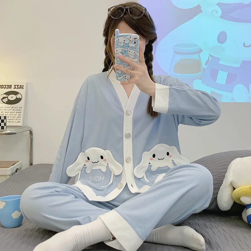 Kawaii Sanrio Cinnamoroll Kuromi Mielas Animacinių filmų Moterų Pajama Komplektai Pavasarį, Rudenį Grynos Medvilnės ilgomis Rankovėmis Sleepwears Homewear Nuotrauka 3