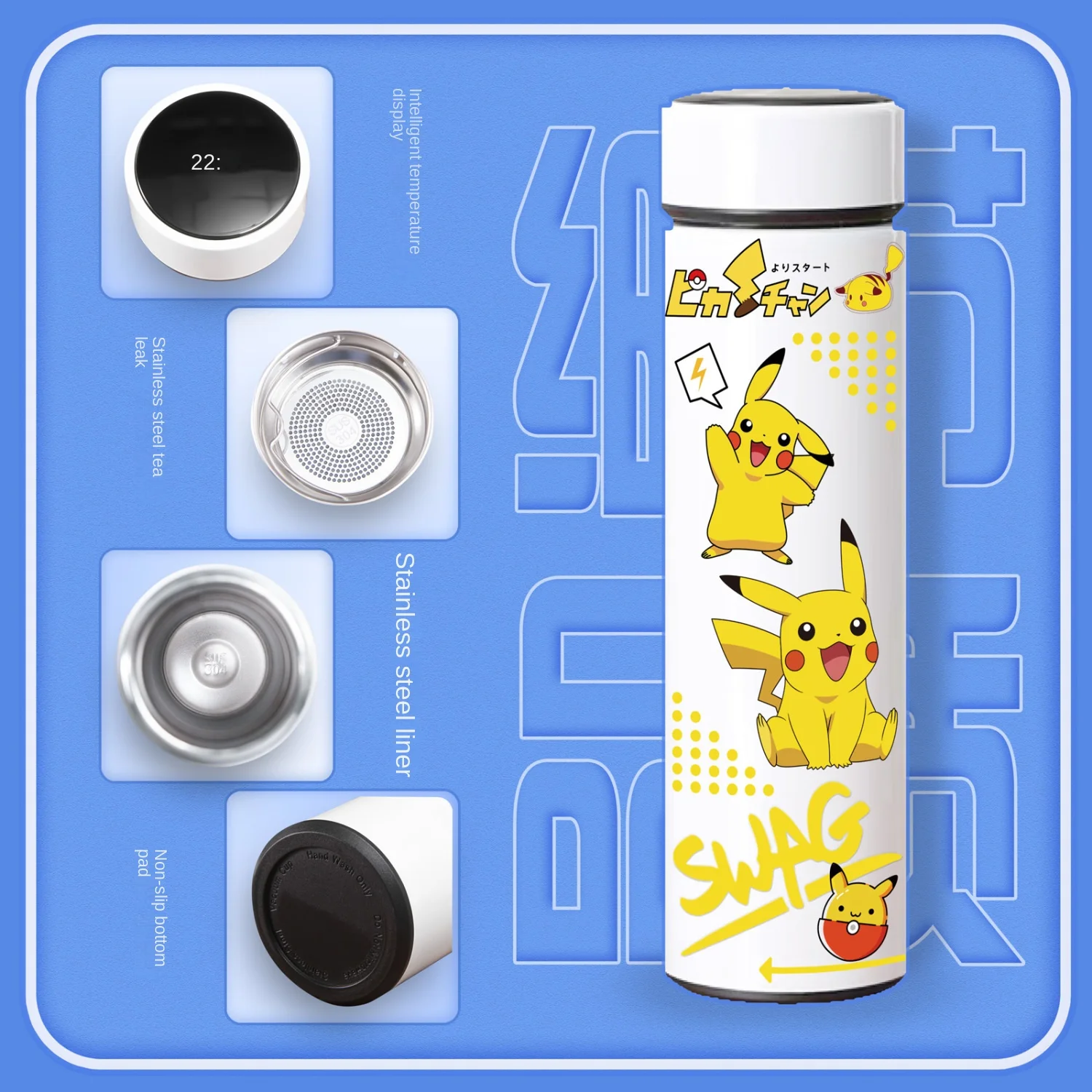 Pokemon Pikachu smart termosas puodelio studentų 304 nerūdijančio plieno temperatūros taurės didelės vertės madinga animacinių filmų nešiojamų puodelio vandens Nuotrauka 3